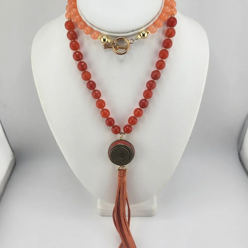 Orange Agate‎ Beaded Necklace Statement Pendant Tassel Gold Accent Jewelry